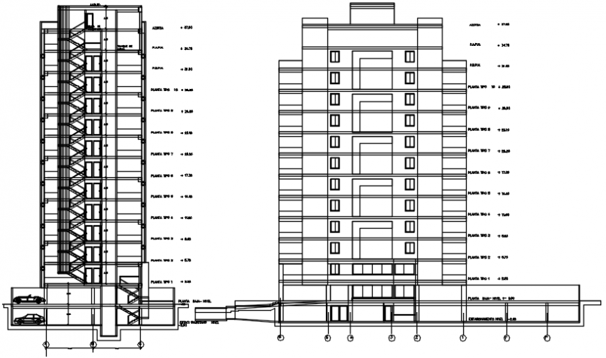 Elevation and sectional details of housing apartment dwg autocad file