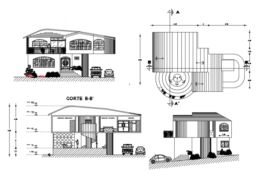 Elevation and sectional drawing details of apartment bungalow dwg file