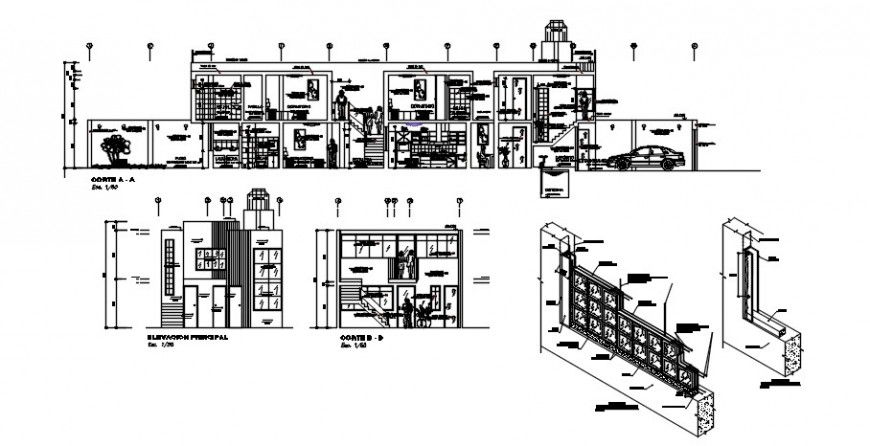 Elevation and sectional drawing details of apartment dwg autocad file