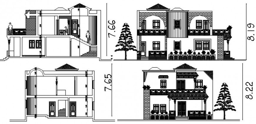 Elevation and sectional drawings details of housing apartment dwg file