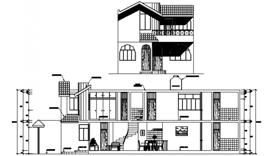 Elevation and sectional drawings details of housing dwg autocad file