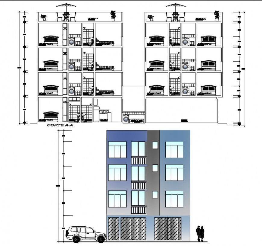 Elevation and sectional drawings of apartment 2d view autocad file