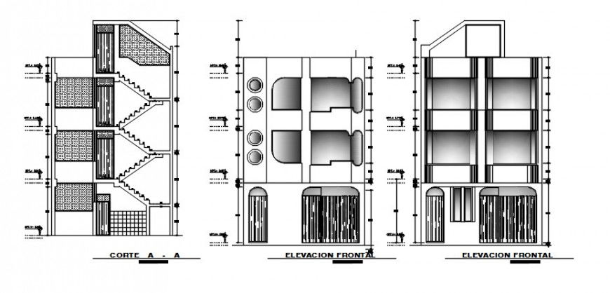 Elevation and sectional drawings of apartment dwg autocad file