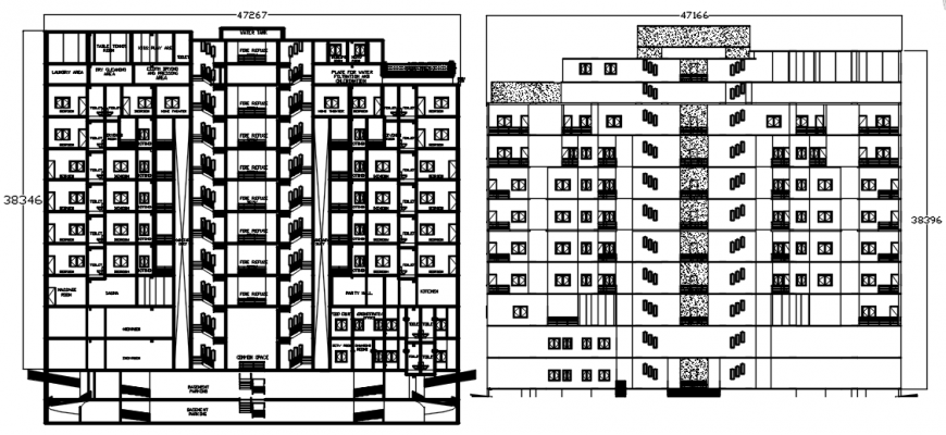 Elevation and sectional drawings of living apartment autocad file