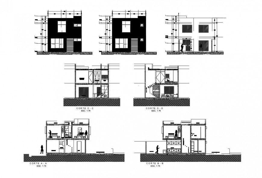 Elevation and sectional of apartment detail 2d view layout file in dwg format