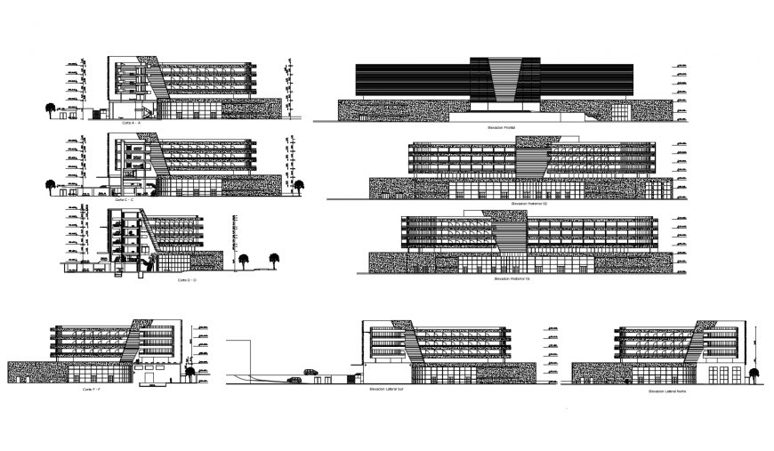 Elevation and sectional view of different axis of hotel in auto cad software