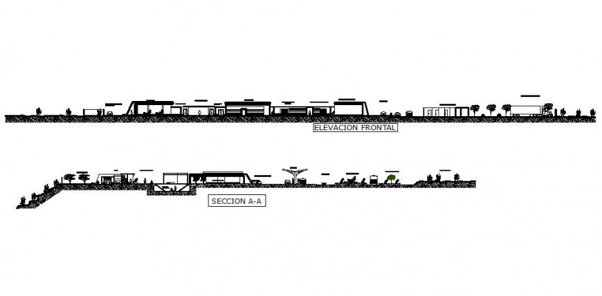 Elevation and sectional view of hotel designing in AutoCAD