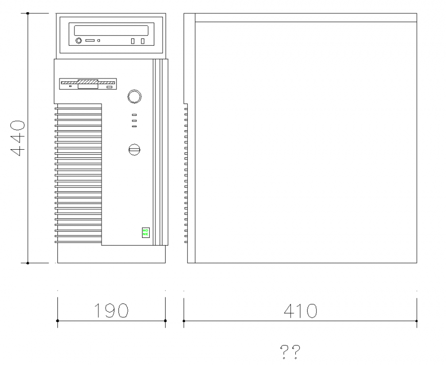 Elevation and side view for host service with block of sound system dwg file