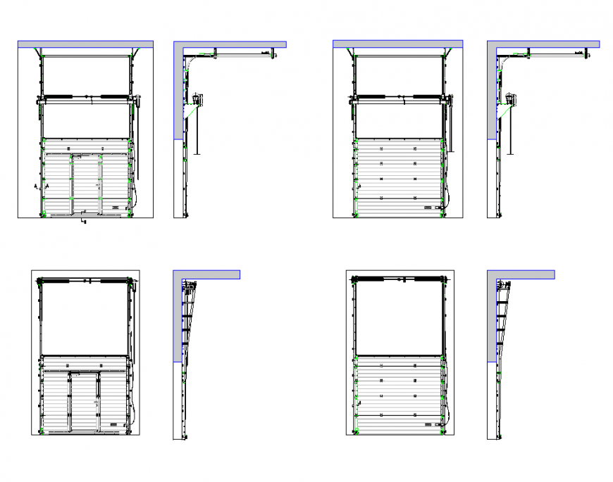 Elevation and side view of different design of industrial sectional door dwg file