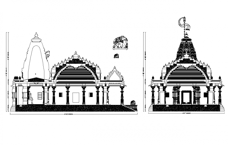 Elevation and side view of temple design with architectural detail dwg file
