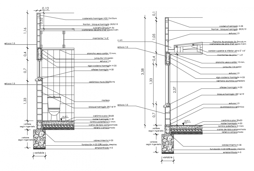 Elevation and side view with view of washing area construction view dwg file