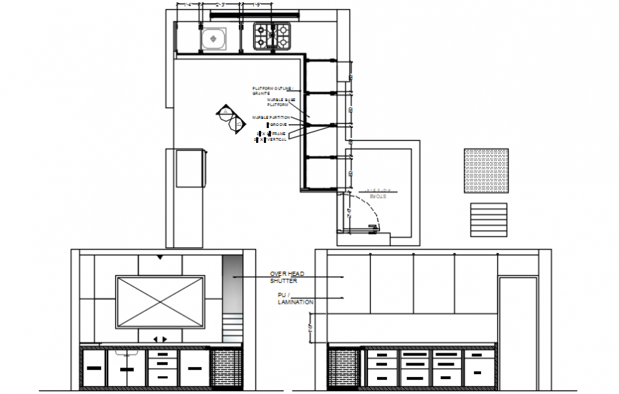 Elevation and top view of kitchen
