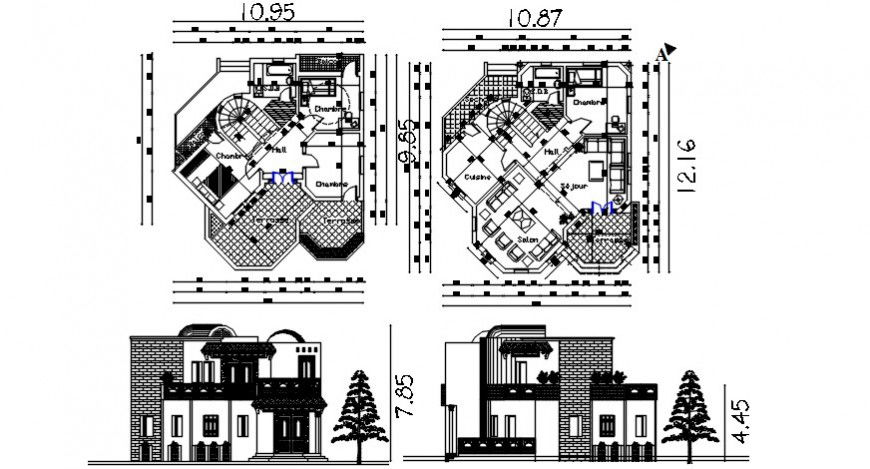 Elevation and work plan drawings details of house bungalow dwg autocad file