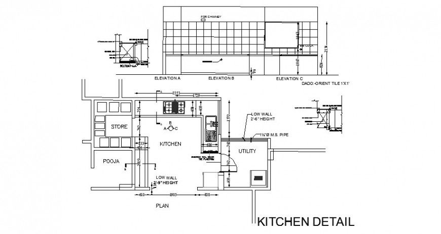 Elevation and working plan 2d view of kitchen area drawing in autocad format