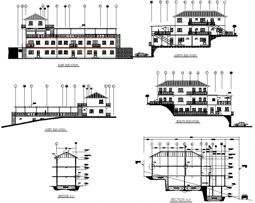 Elevation detail drawing of three storey bungalow in dwg AutoCAD file.