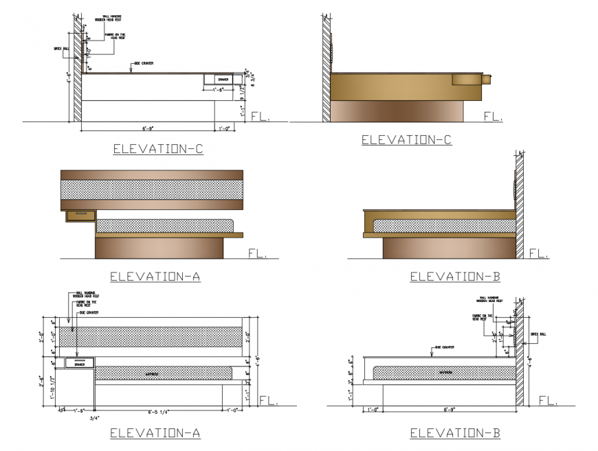 Elevation detail of double bed 2d view furniture units drawing dwg file