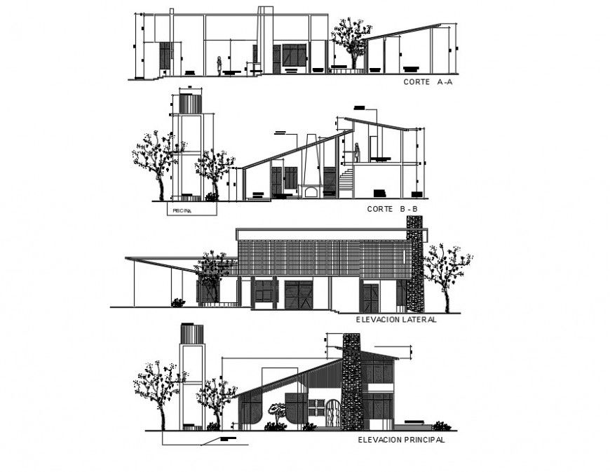 Elevation drawing and sectional detail of a hose plan dwg file in Autocad format