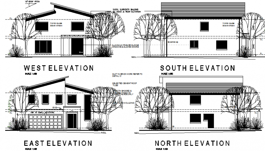 Elevation drawing of bungalow in dwg file.