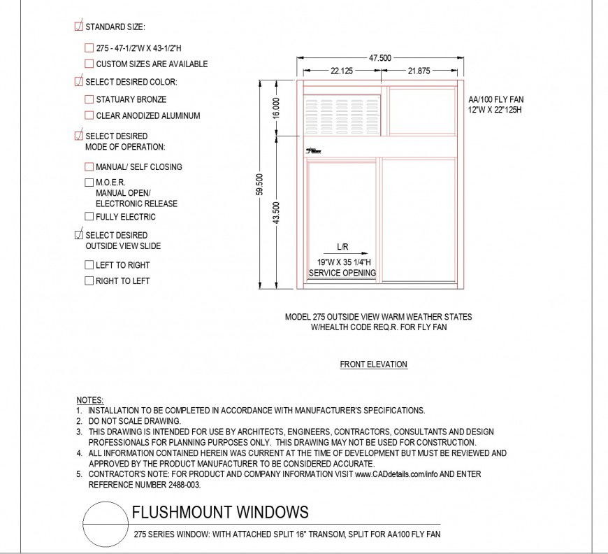 Elevation Flush mount window plan autoacd file