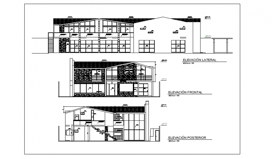 Elevation layout of modern house project design drawing