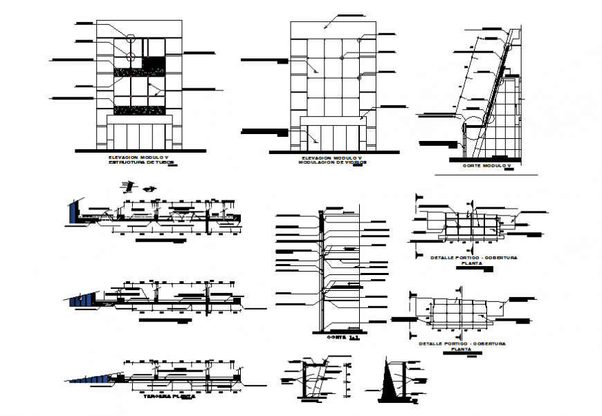 Elevation module and all sided constructive section details of shopping center dwg file
