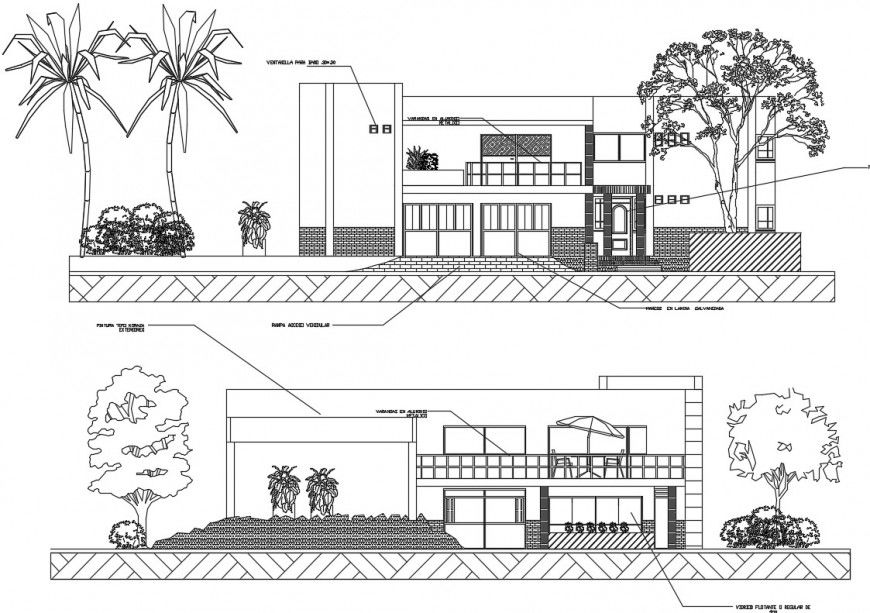 Elevation of a beach house bungalow and its interior details