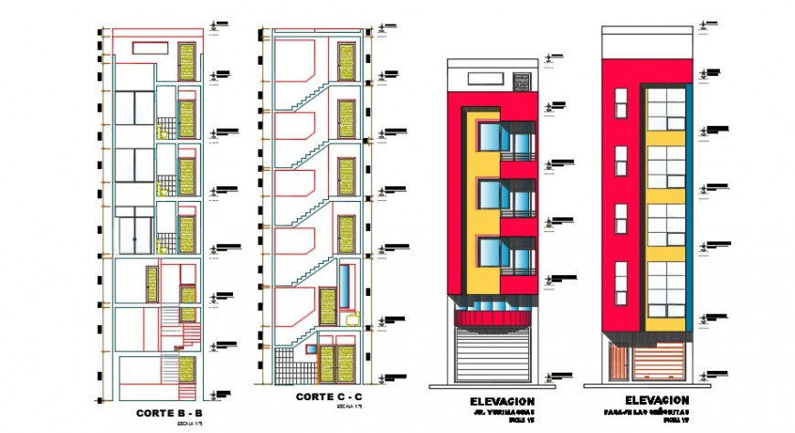 Elevation of a building, with material finish elevation detail dwg file