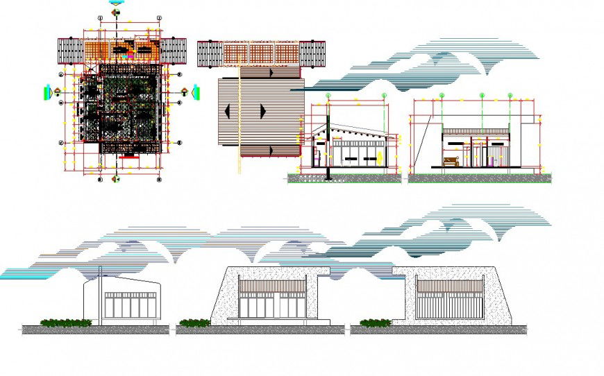 Elevation of a bungalow and furniture plan
