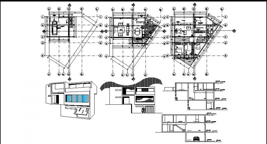 Elevation of a modern bungalow and its interior details concept