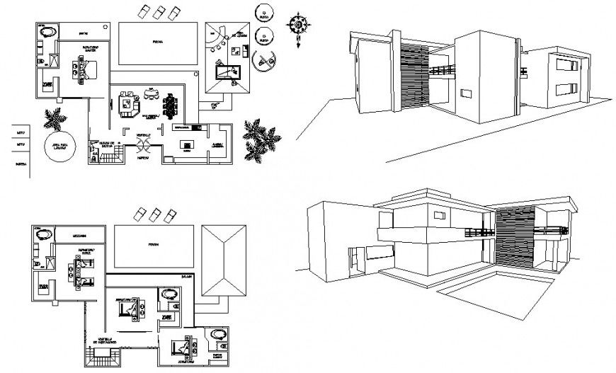 Elevation of a modern bungalow and its interior details dwg file