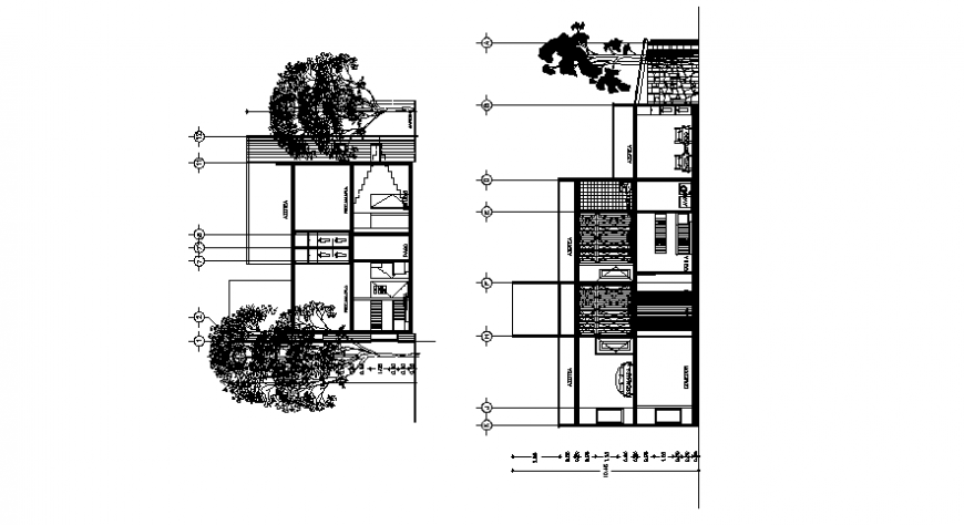 Elevation of a modern bungalow and its interior details model