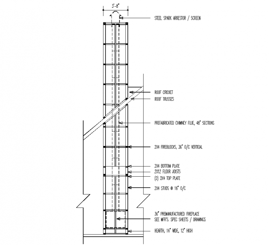 Elevation of chimney steel structure with roof area design dwg file