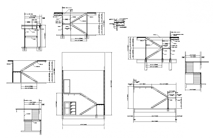 Elevation of different portion of residential area with architectural detail dwg file