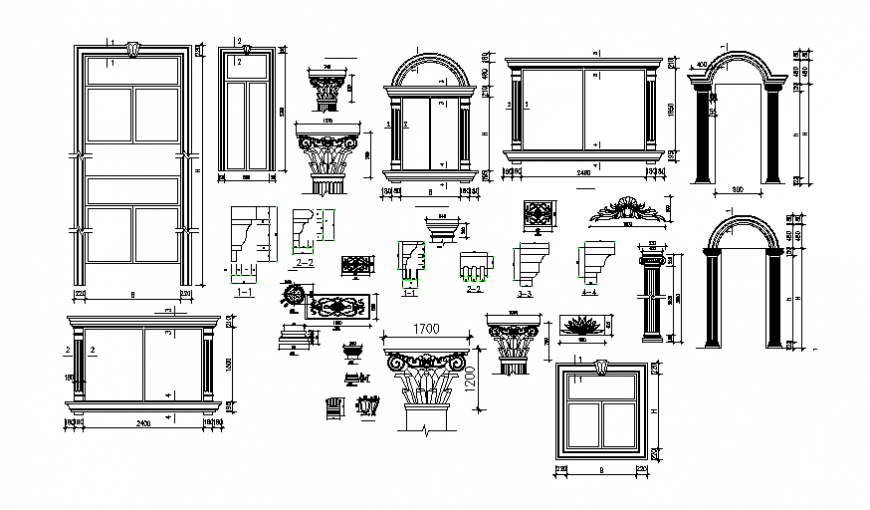 Elevation of door, windows and pillar detail dwg