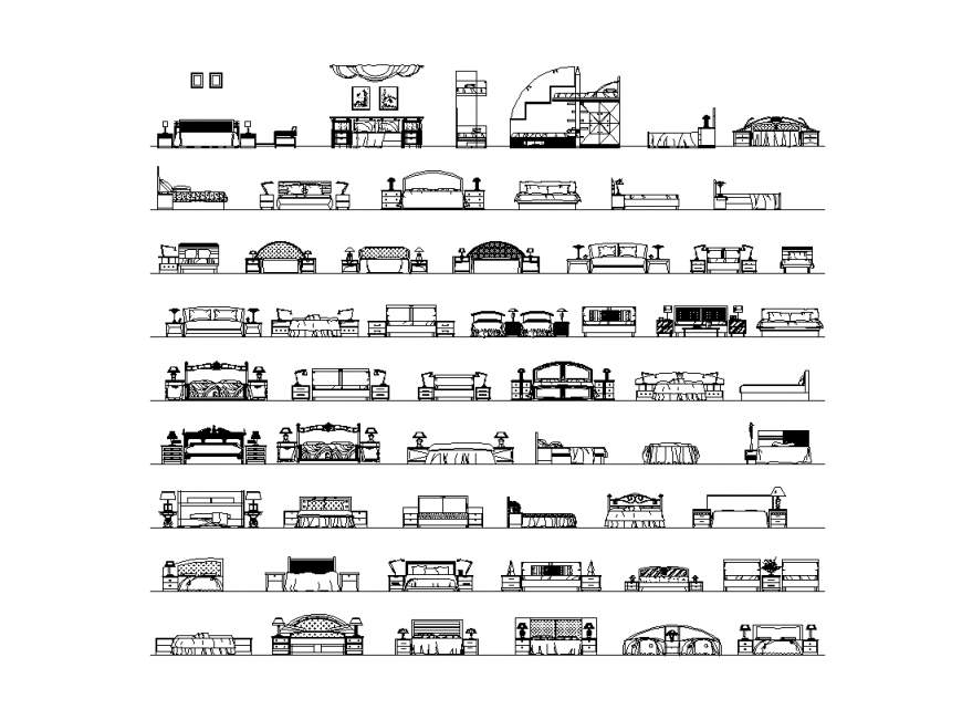 Double Bed Furniture Elevation with Side Units in DWG File