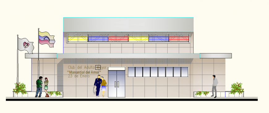 Elevation of government building with country flag detail dwg file