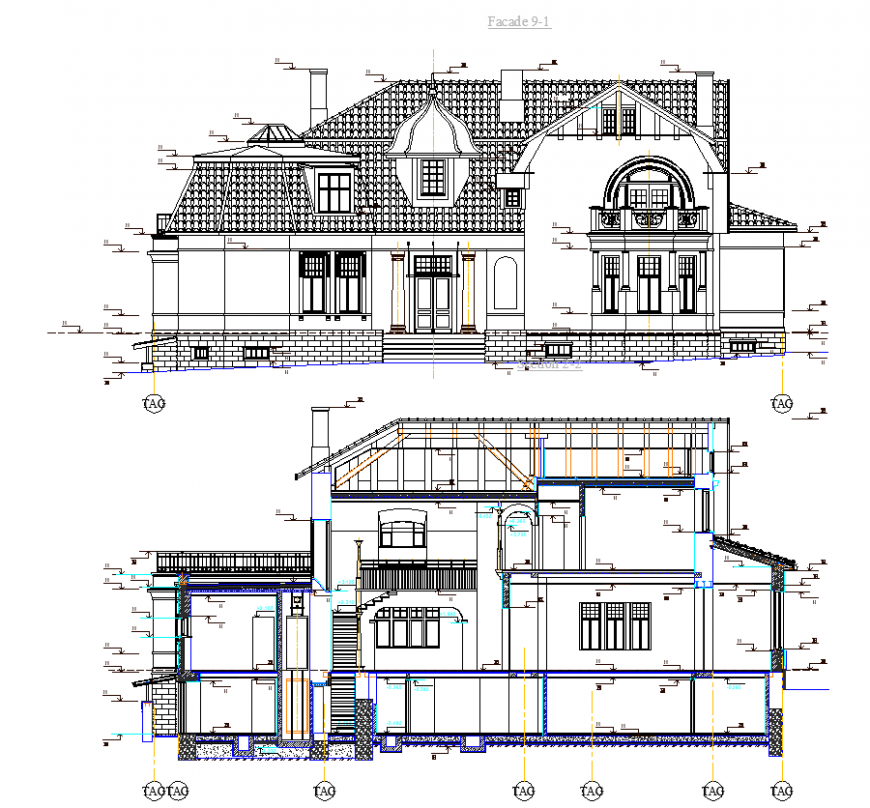 Elevation of house historical design with architectural detail dwg file
