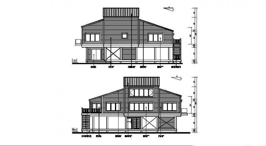 Elevation of housing structure 2d view layout file in autocad format