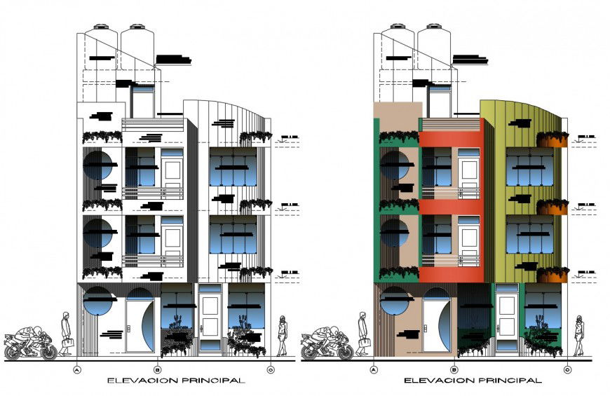 Elevation of housing with different view in auto cad file