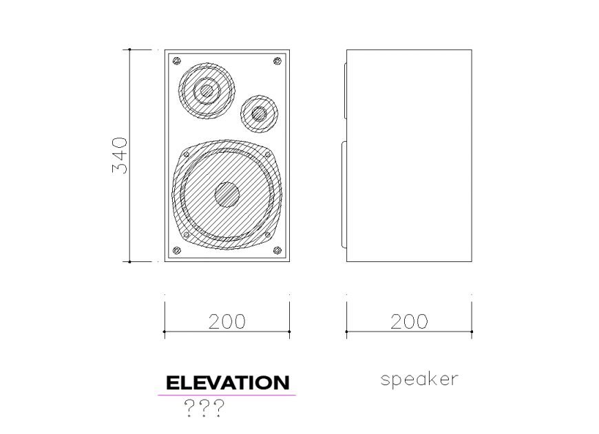 Elevation of speaker elevation and back side view dwg file