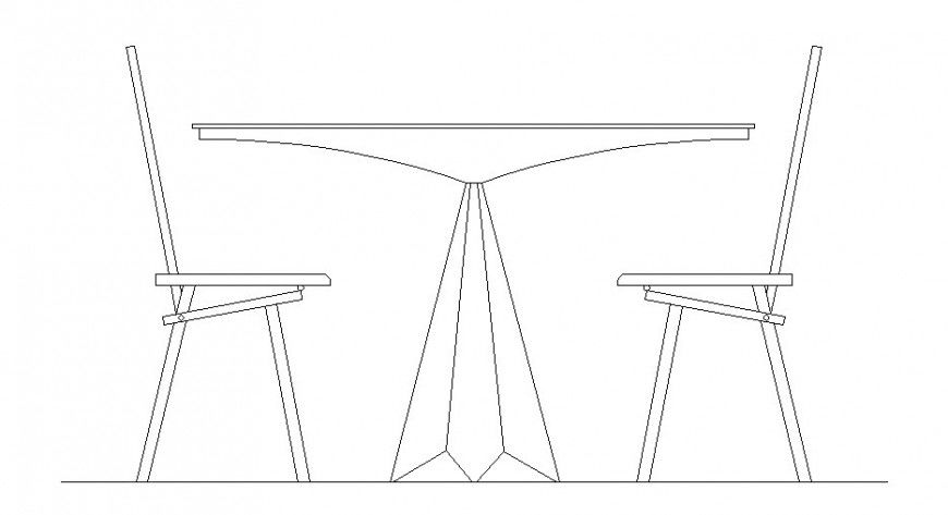 elevation of the dining table with diamond shape support and  3 chairs.