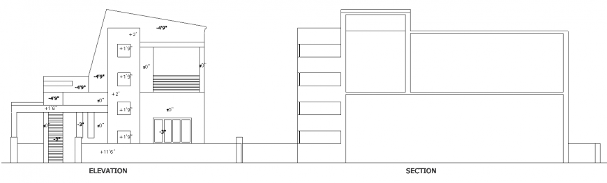 Elevation of the modern concept bungalow in dwg AtuoCAD file.