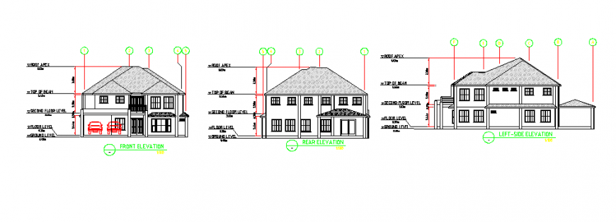 Elevation of two storey residential building design drawing