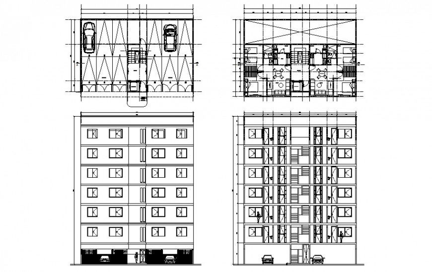 Elevation plan and a section of apartment 2d drawing in autocad