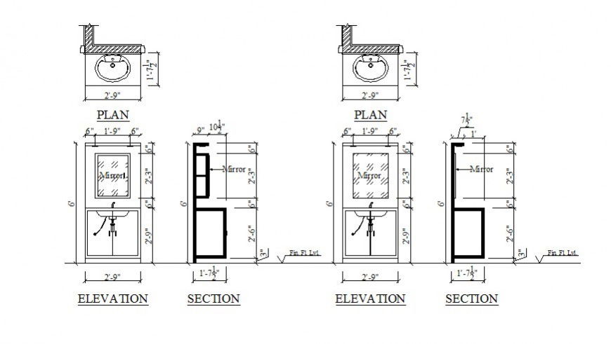 Elevation plan and a section of washbasin units Autocad file