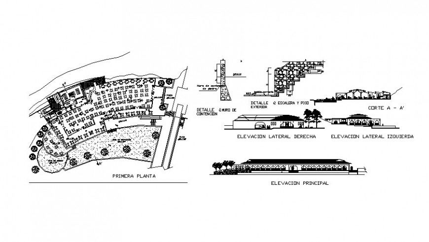 Elevation plan and sectional detail of restaurant autoacd file