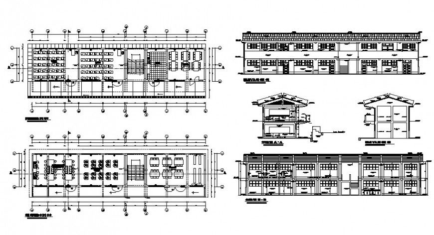 Elevation plan and sectional detail of school building autocad drawing