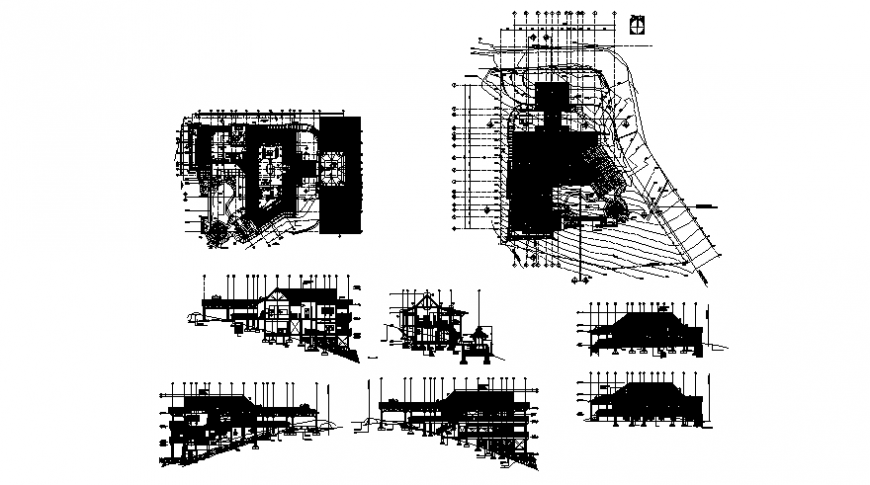 Elevation plan and sectional details of bungalow drawings 2d view autocad file