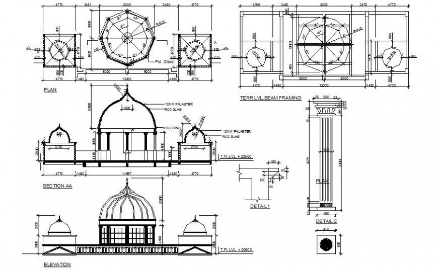Elevation plan and sectional details of temple autocad drawing