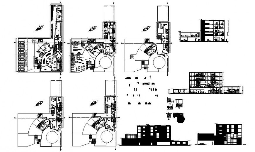 Elevation plan and sectional drawing of building units 2d view dwg file